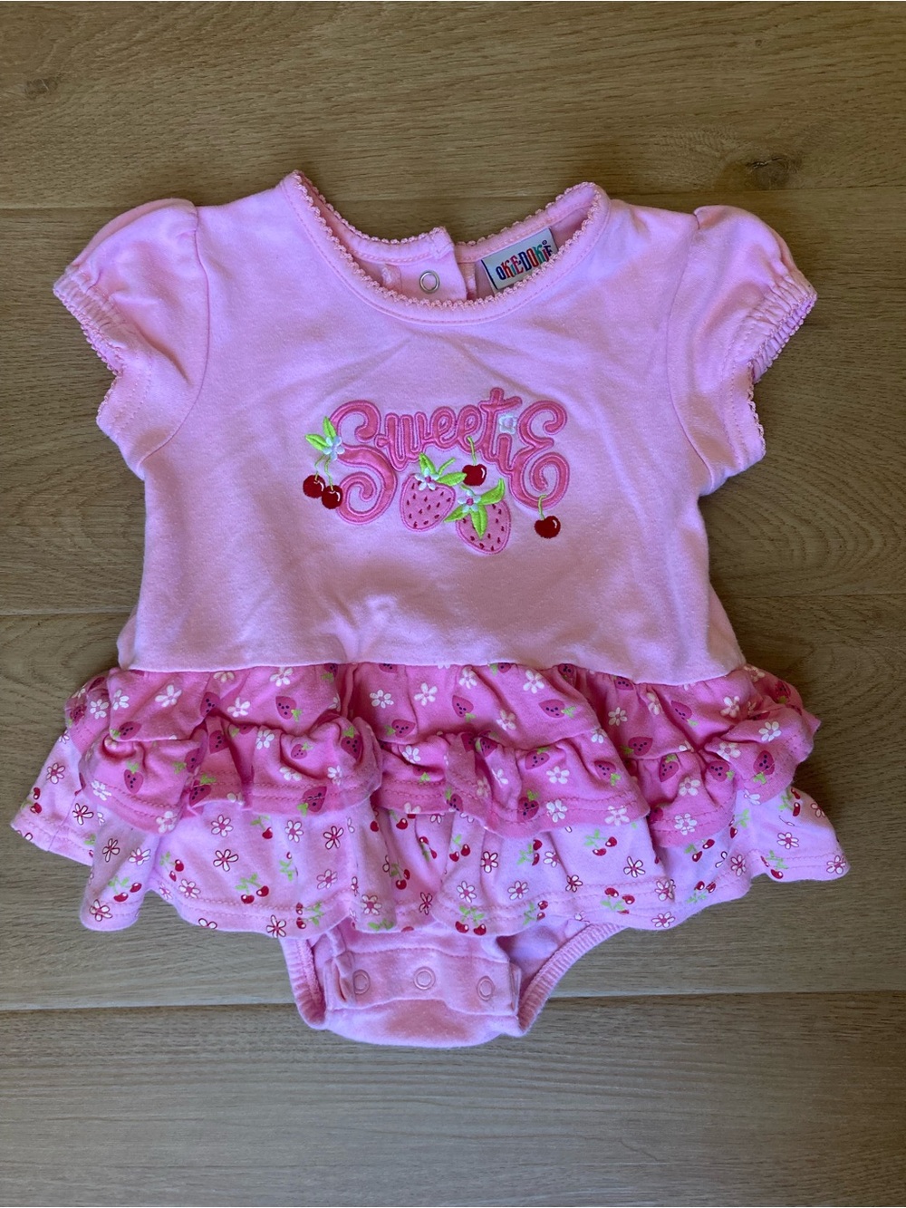 okie dokie Vintage Pink Strawberry & Cherry ‘Sweetie’ Ruffle Onesie
